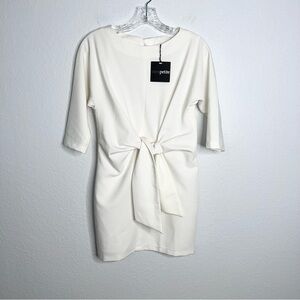 Asos Dress Petite 4 Women Front Tie Sheath White 3/4 Sleeve Bow Shift P